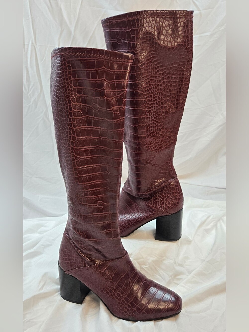 Franco Sarto Women's Knee High Boots Size 11 Burgundy Croc Embossed Block Heel
